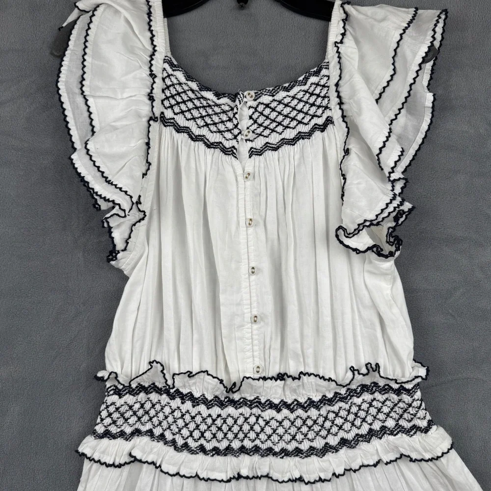 Cleobella White Maxi Dress Ruffle Sleeves Smocked‎ Boho Organic Cotton Medium